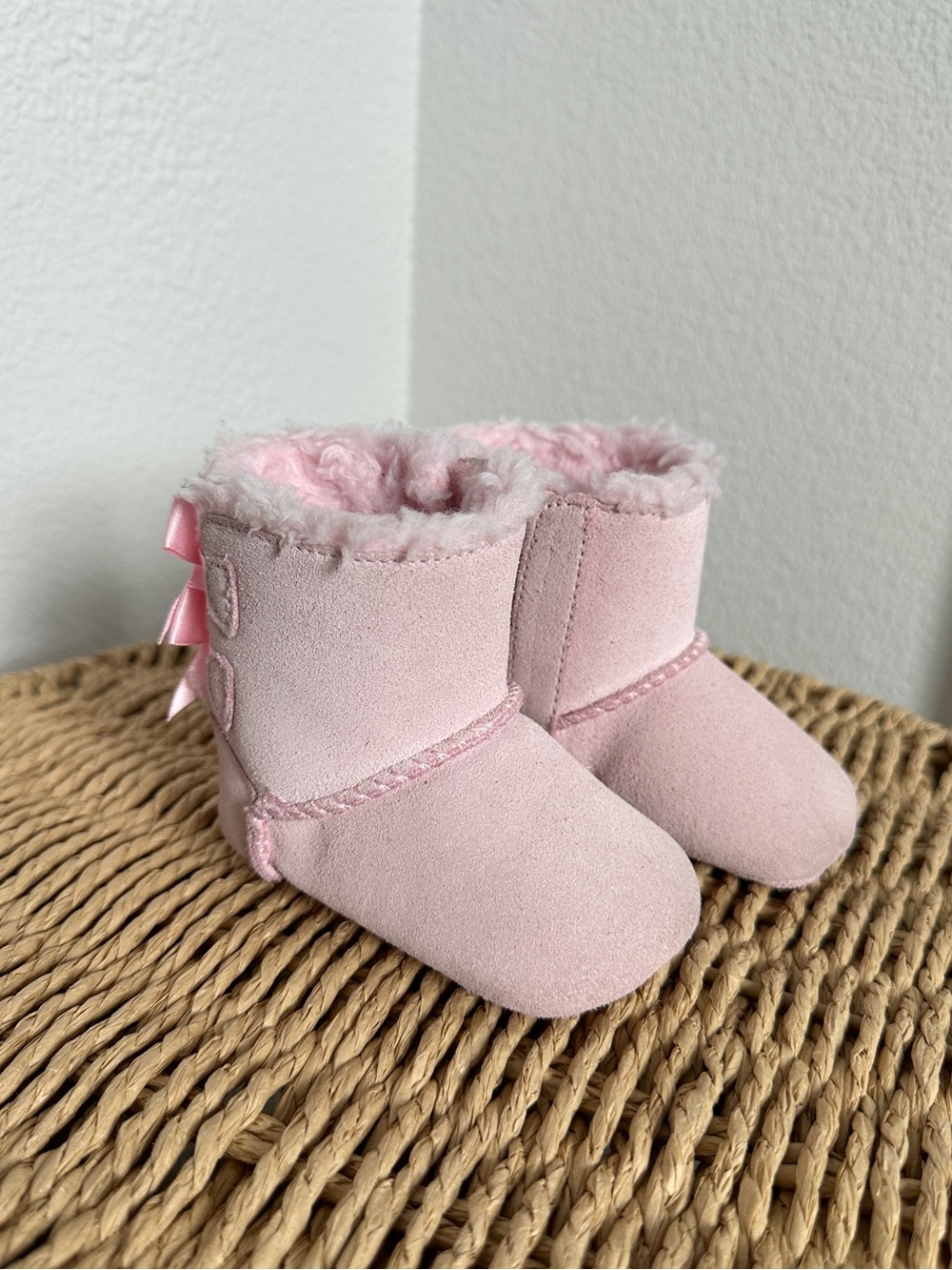 UGG Pink Faux-Fur Baby Walker Boots with Back Bows